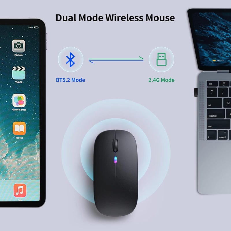 KANMABPC Wireless Bluetooth Mouse – Rechargeable, Silent, Dual Mode (Bluetooth 5.2 & USB) with LED Lights – Portable for Laptop, Desktop, & Tablet(Black) - Image 4